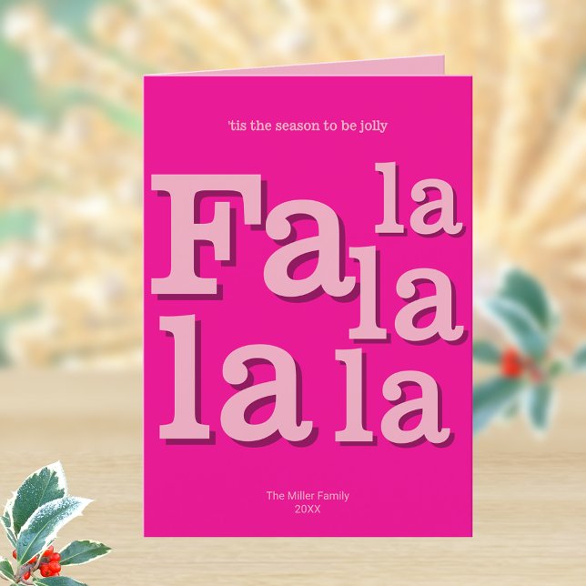 Trendiget Modern Fa La Shock rosa Simple Typograph Helgkort (Personalize these Fa la la la la hot pink folded Christmas greeting cards)