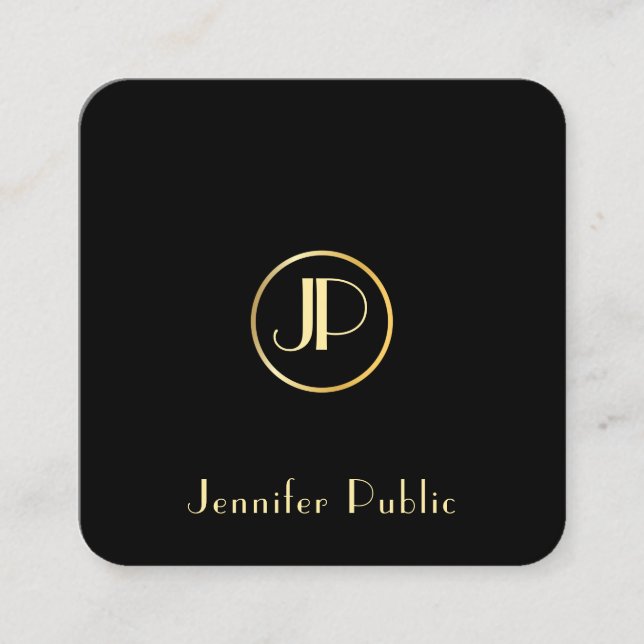 Trendiget Modern Guld Monogram Black Template Eleg Fyrkantigt Visitkort (Framsida)