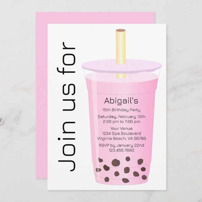 Trendiget Modern White och Rosa Boba Tea Birthday Inbjudningar (Fram/baksida)