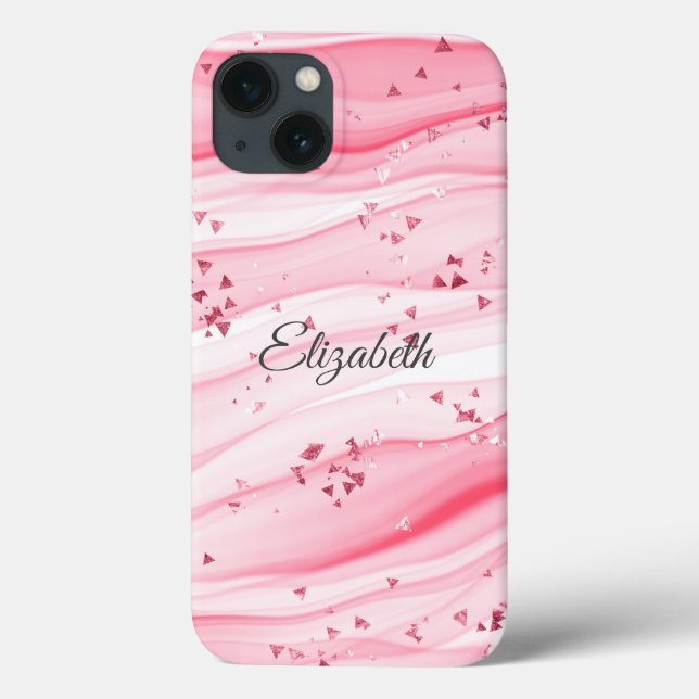 Trendiget Monogram Namn Rosa Swirls Marble Sparkle (Baksida)
