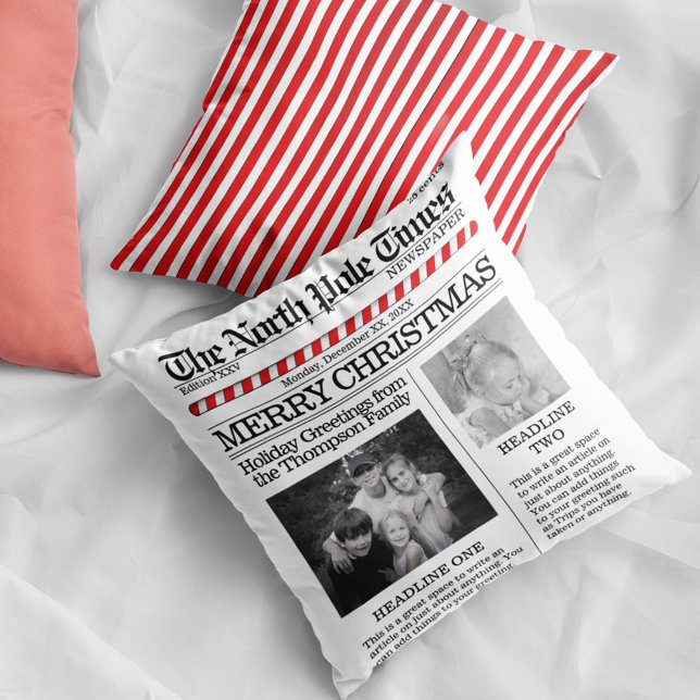 Trendiget Photo North Pole Newspaper Kudde (Christmas cute whimsical newspaper print photo throw pillow.)
