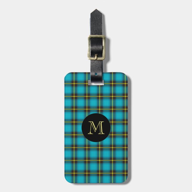 Trendiget Play Tartan Blue Black Gult Monogram Bagagebricka (Vertikal Framsida)