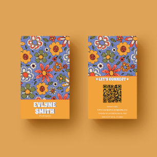 Trendiget Retro Blue Gult QR Code Groovy Blommigt Visitkort