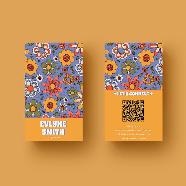 Trendiget Retro Blue Gult QR Code Groovy Blommigt Visitkort (Skapare uppladdad)