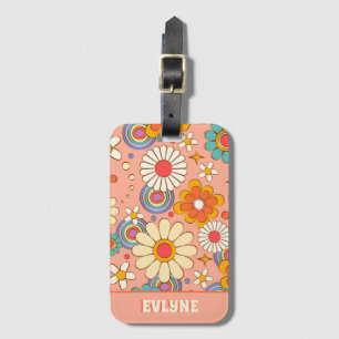 Trendiget Retro Rosa Peach Orange Groovy Blommigt Bagagebricka
