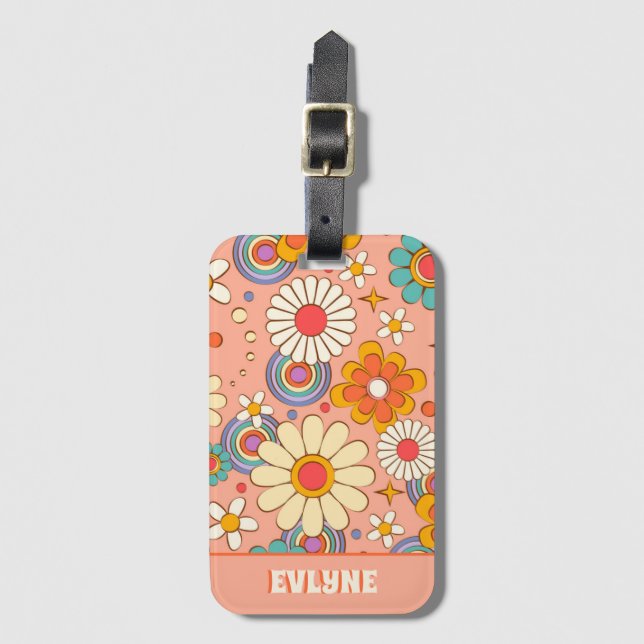 Trendiget Retro Rosa Peach Orange Groovy Blommigt Bagagebricka (Framsida vertikal)