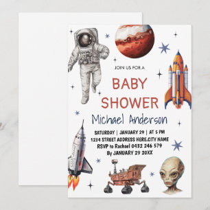 Trendiget Rocket Frakt Space Galaxy Alien Baby Sho Inbjudningar