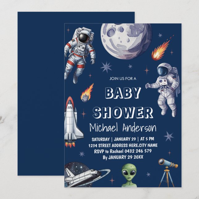 Trendiget Rocket Frakt Space Galaxy Alien Baby Sho Inbjudningar (Fram/baksida)