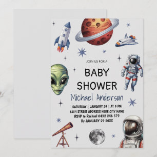 Trendiget Rocket Frakt Space Galaxy Alien Baby Sho Inbjudningar