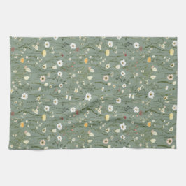 Trendiget Sage Grönt White Gult Wildblommor Boho Kökshandduk