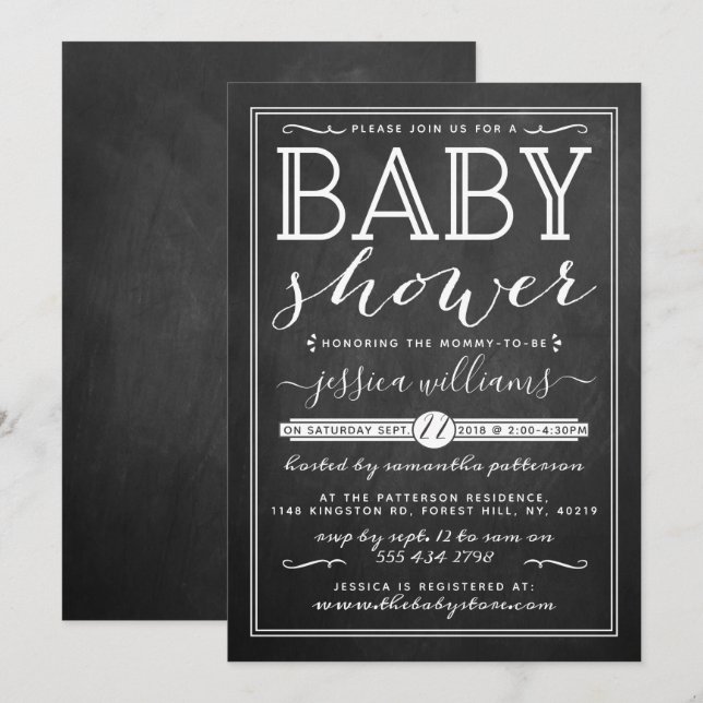 Trendiget Typography Baby Shower Modern Chalkboard Inbjudningar (Fram/baksida)