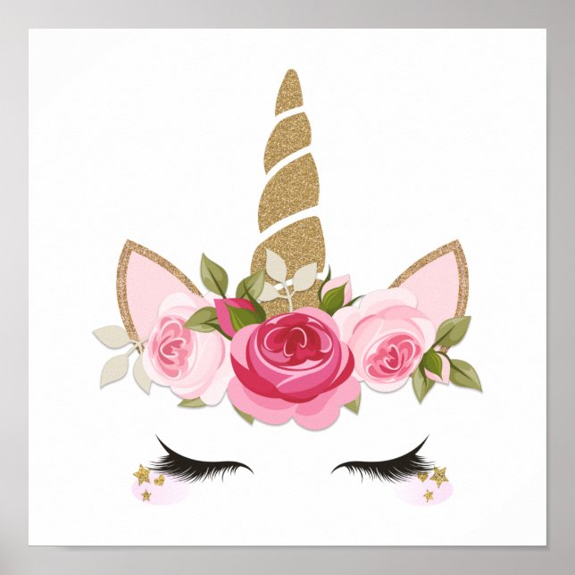 Trendiget Unicorn Guld Blommigt Cute Poster (Framsidan)