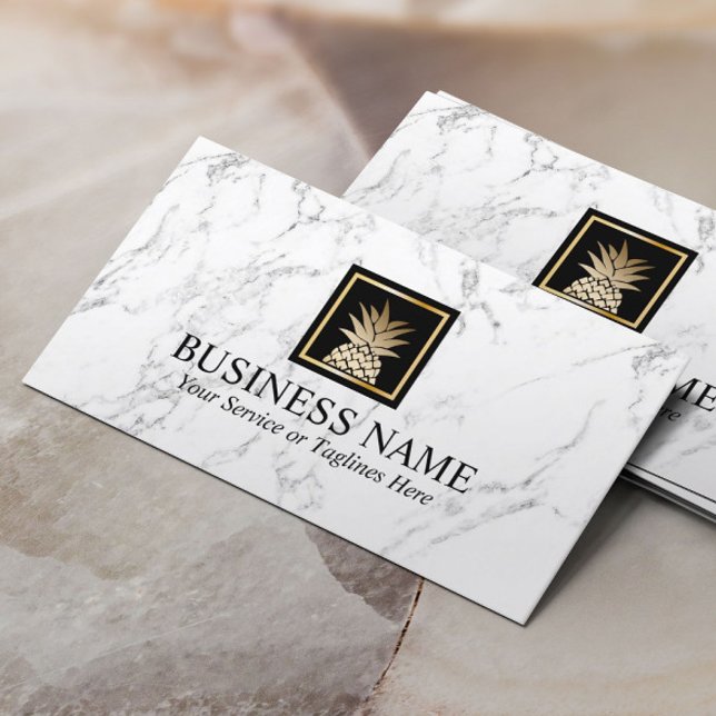 Trendiget Vit marble Guld Pineapple Logotyp  White Visitkort (Skapare uppladdad)