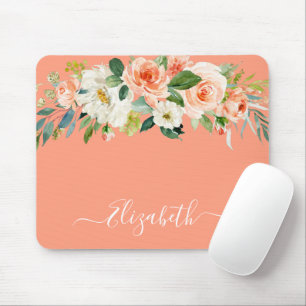 Trendiget Watercolor Peach White-Blommigt, skript Musmatta