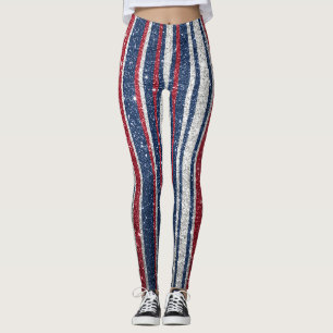Trendiget Yoga Pant rött vitt blått Glitter Rand Leggings