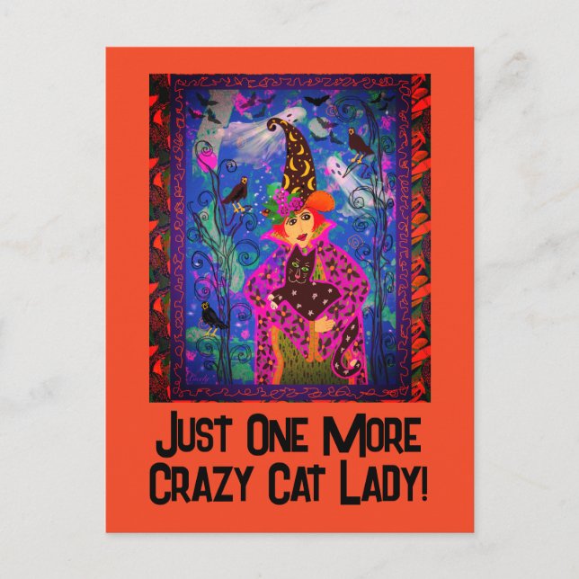 Trendigets anpassade Crazy Cat Dam Witch Halloween Vykort (Framsida)