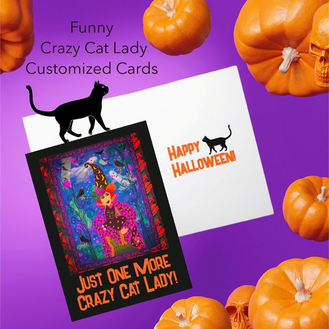 Trendigets anpassade Crazy Cat Dam Witch Halloween Vykort (Halloween fun with Crazy Cat Ladiies!)