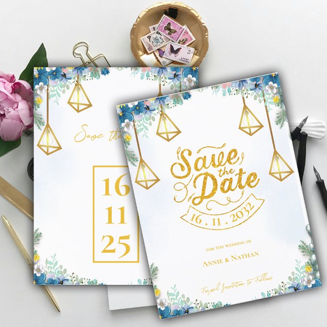 Trendigets blå Gult, Blommigt med Bröllop Meddelande Vykort (Trendy Blue Yellow Floral With Lanterns Wedding Announcement Postcard)