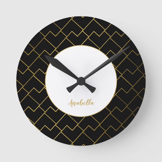 Trendigets Chic Geometric Golden  Tiles Mönster Rund Klocka (Framsida)