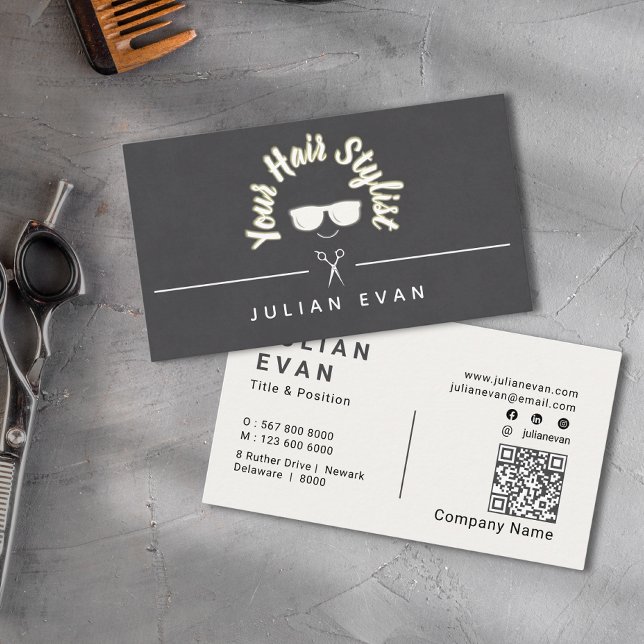 Trendigets Chic Unik guldfärgad Logotyp för svarth Visitkort (Trendy Chic Unique Glowing Black Hair Stylist Logo Business Card)