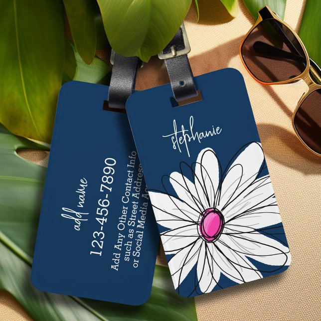 Trendigets Daisy Blommigt Illustration - flottan o Bagagebricka (Whimsical Daisy personalized luggage tag)