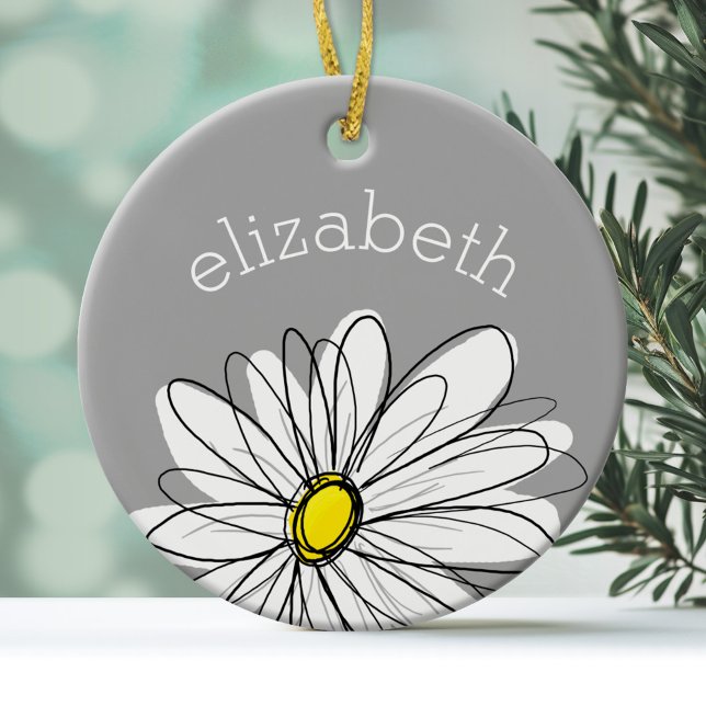 Trendigets Daisy med grått och gult Julgransprydnad Keramik (Personalized Ornament)