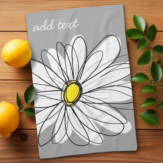 Trendigets Daisy med grått och gult Kökshandduk (Whimsical Daisy Kitchen Towel with a place to personalize - makes a great gift)