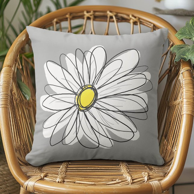 Trendigets Daisy med grått och gult Kudde (Whimsical Daisy Pillow)