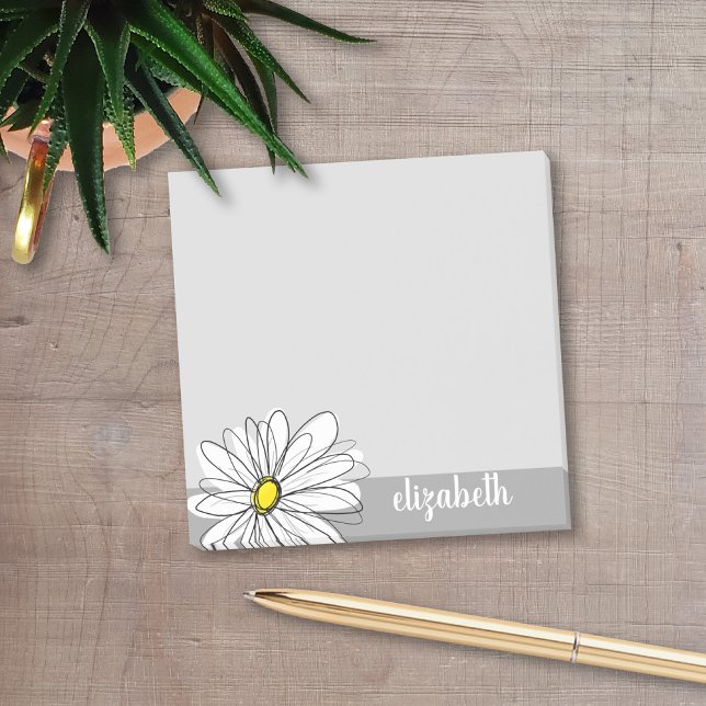 Trendigets Daisy med grått och gult Post-it Block (Add your name to these personalized post-it notes with a whimsical daisy drawing.)