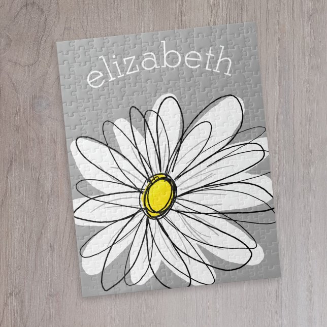 Trendigets Daisy med grått och gult Pussel (Cute whimsical daisy personalized puzzle)