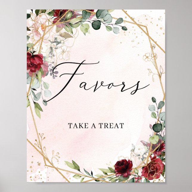 Trendigets djupa röda merlot blommigt guld favärde poster (Framsidan)