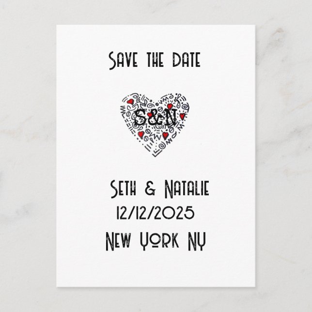 trendigets doodle kärlek hjärta sparar datumet vykort (Framsida)