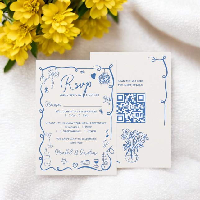Trendigets Fransk blått illustrerat bröllop QR OSA Kort (Trendy retro French blue illustrated wedding QR RSVP Card)
