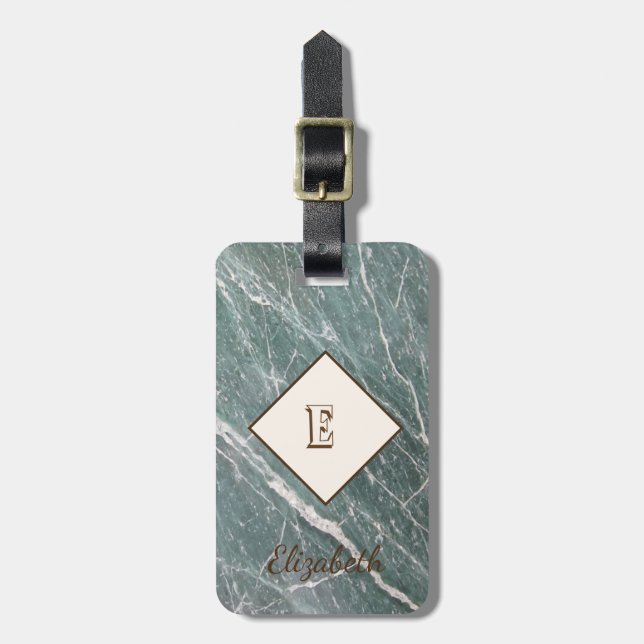 Trendigets Grönt Marble, Monogram-Personlig Bagagebricka (Vertikal Framsida)