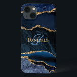 Trendigets marinblå agate Guld Glitter Monogram<br><div class="desc">Gör ett påstående med det här trendiget till marinblått och guld agate geode monogram telefonfodral. *Om du behöver designhjälp eller vill ha mer matchande produkter kontaktar du mig genom Zazzle.</div>