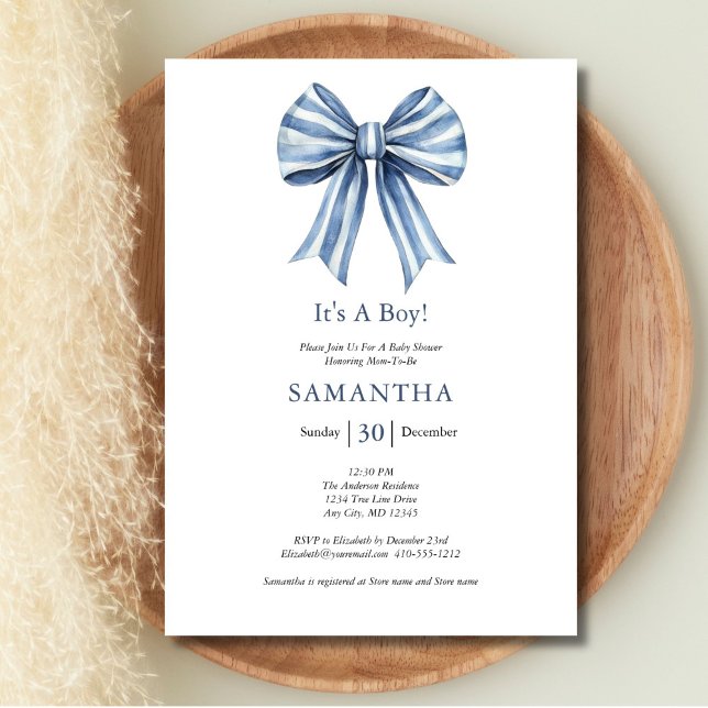 Trendigets moderna Blue Bow Boy Shower Inbjudningar (Blue Bow Boy Baby shower invitation. Printed or Instant digital download)
