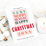 Trendigets moderna stora typografi - julhälsningar julkort<br><div class="desc">Fetstipografi och en varm orange, tårblått, jägare, grönt, rosa och rödpalett i färg skapar ett modernt stil-julfamilj eller ett hälsning-grafikkort som inte är ett fotokort från företaget i contemporary. Anpassa texten och namnteckning i ett handskrivet handskrivet skript! Kortet har ett ljust rosa färg på motsatt sida så att du -...</div>
