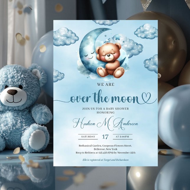 Trendigets moln nio nallar Boy Shower Inbjudningar (we are over the moon boy baby shower invitation)