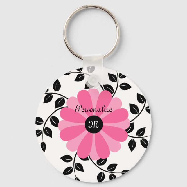 Trendigets monogrammade Rosa och svart blomma med  Nyckelring (Framsida)