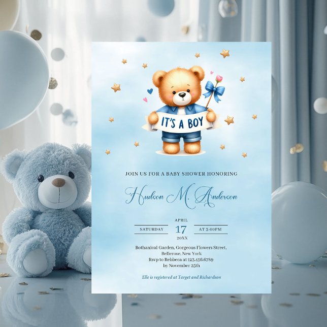 Trendigets nalle, det är en barndusch. inbjudningar (it's a boy cute teddy bear baby shower invitation)