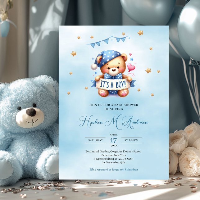 Trendigets nalle, det är en barndusch. inbjudningar (cute teddy bear holding ribbon it's a boy baby shower invitation)