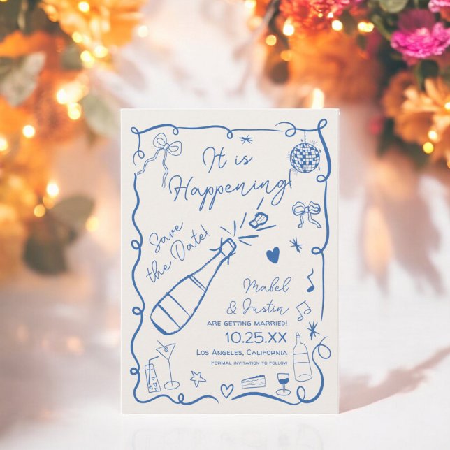Trendigets reflekterande Fransk blått illustrerat  Spara Datumet (Trendy retro French blue illustrated photo wedding Save The Date)