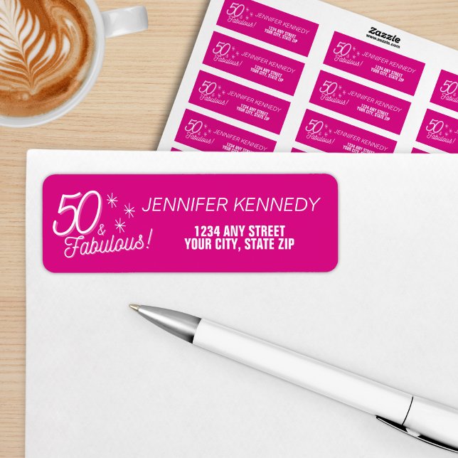 Trendigets Rosa 50 och födelsedag Returadress Etikett (Skapare uppladdad)