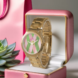 Trendigets Rosa och Grönt Guld Argyle Monogram Armbandsur