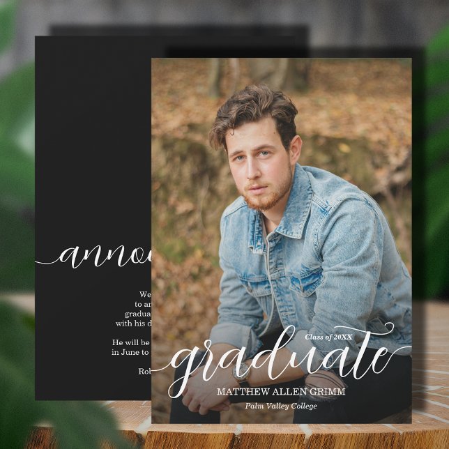 Trendigets skriptöverlägg, foto Studenten Meddelande (Trendy script overlay photo graduation announcements, PRINTED and/or INSTANT DOWNLOAD)