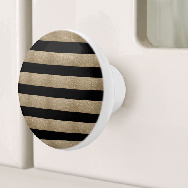 trendigets snyggt, geometrisk svart och guld rand knopp (trendy stylish geometric black and gold stripes ceramic knob)