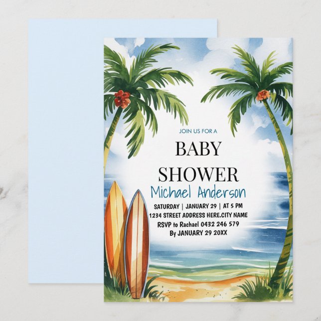Trendigets tropiska sommarsurfing Beach Baby Showe Inbjudningar (Fram/baksida)