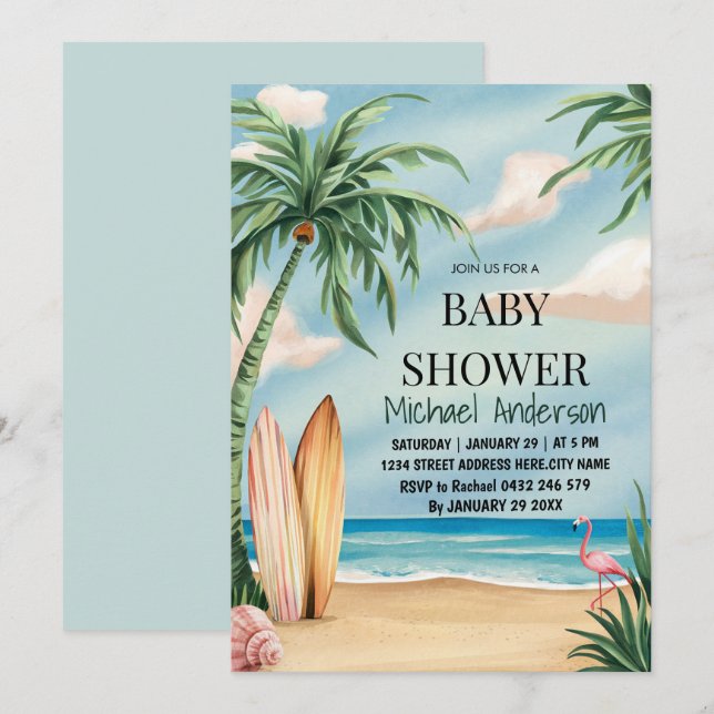 Trendigets tropiska sommarsurfing Beach Baby Showe Inbjudningar (Fram/baksida)