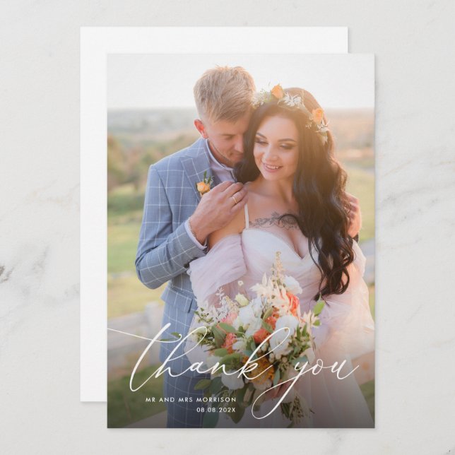 trendigets vita kalligrafi bröllop tack kort (Fram/baksida)