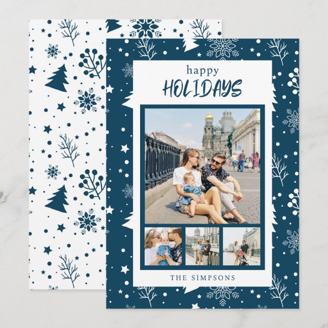 Trendigt 4 Fotos Kollage Blå God Jul Kort (Fram/baksida)